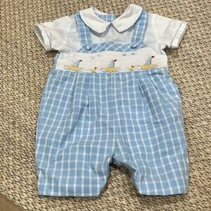 Smocked duck and sailboat one piece shortall 3-6 months